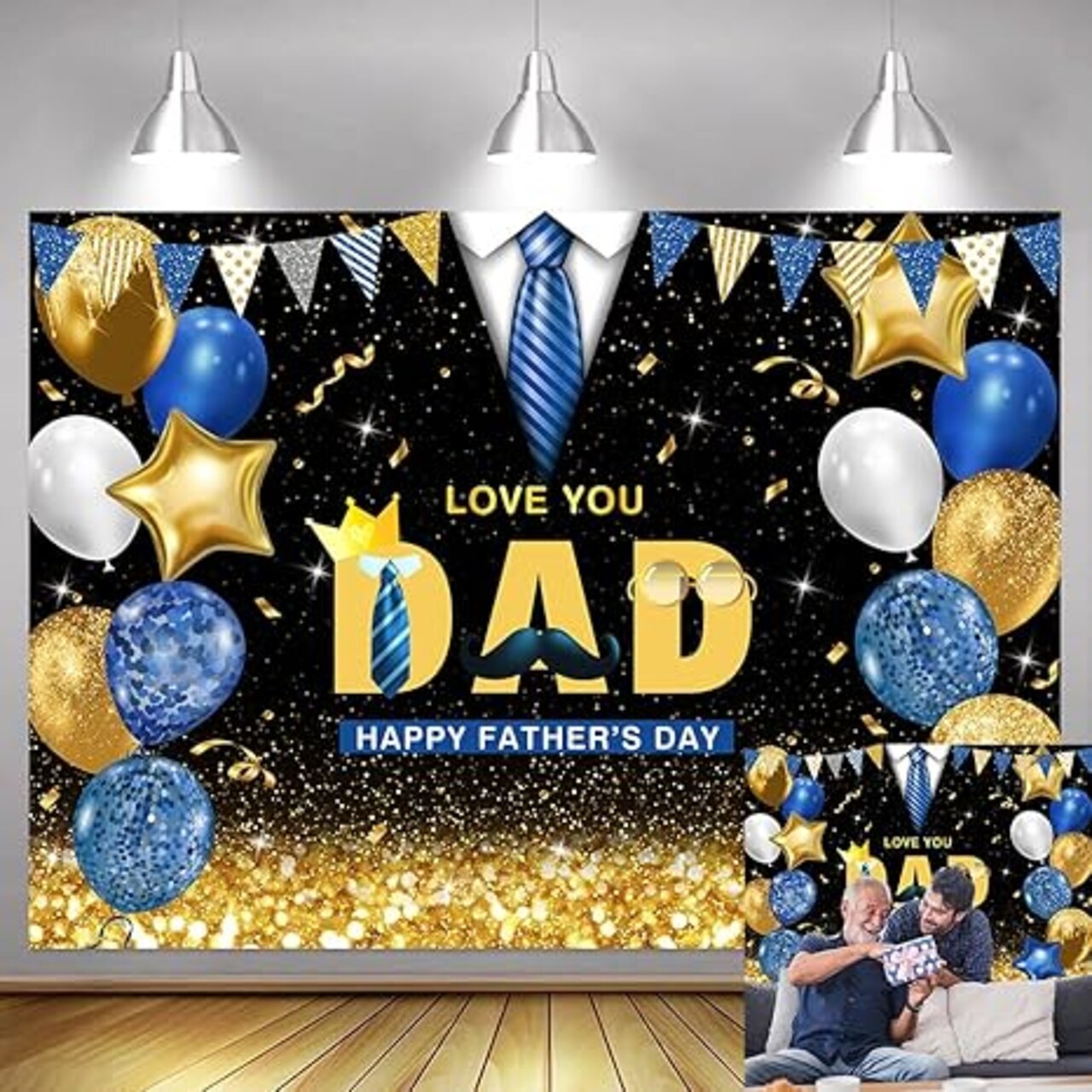 7x5ft Happy Father's Day Backdrop Love You Dad Theme Party Decorations Background Blue Gold Glitter Balloons Thanks Dad Photography Banner Father's Day Family Decor Supplies